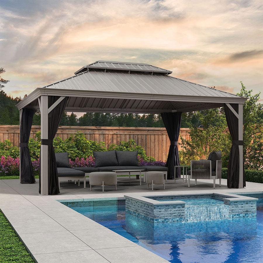 PURPLE LEAF – Pavillon de terrasse pour piscine, toit rigide gris clair en acier galvanisé avec rideaux améliorés