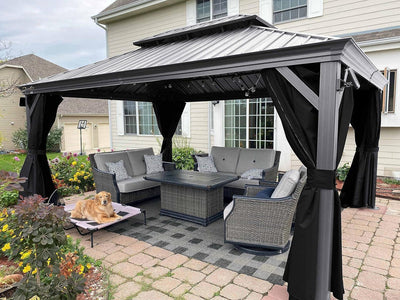 PURPLE LEAF – Pavillon de terrasse pour piscine, toit rigide gris clair en acier galvanisé avec rideaux améliorés