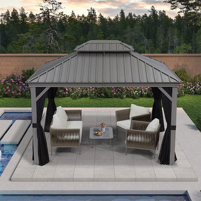 PURPLE LEAF – Pavillon de terrasse pour piscine, toit rigide gris clair en acier galvanisé avec rideaux améliorés