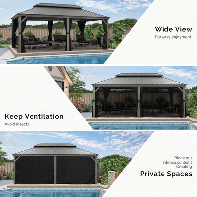 PURPLE LEAF – Pavillon de terrasse pour piscine, toit rigide gris clair en acier galvanisé avec rideaux améliorés