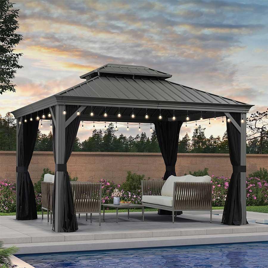 PURPLE LEAF – Pavillon de terrasse pour piscine, toit rigide gris clair en acier galvanisé avec rideaux améliorés