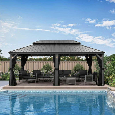 PURPLE LEAF – Pavillon de terrasse pour piscine, toit rigide gris clair en acier galvanisé avec rideaux améliorés