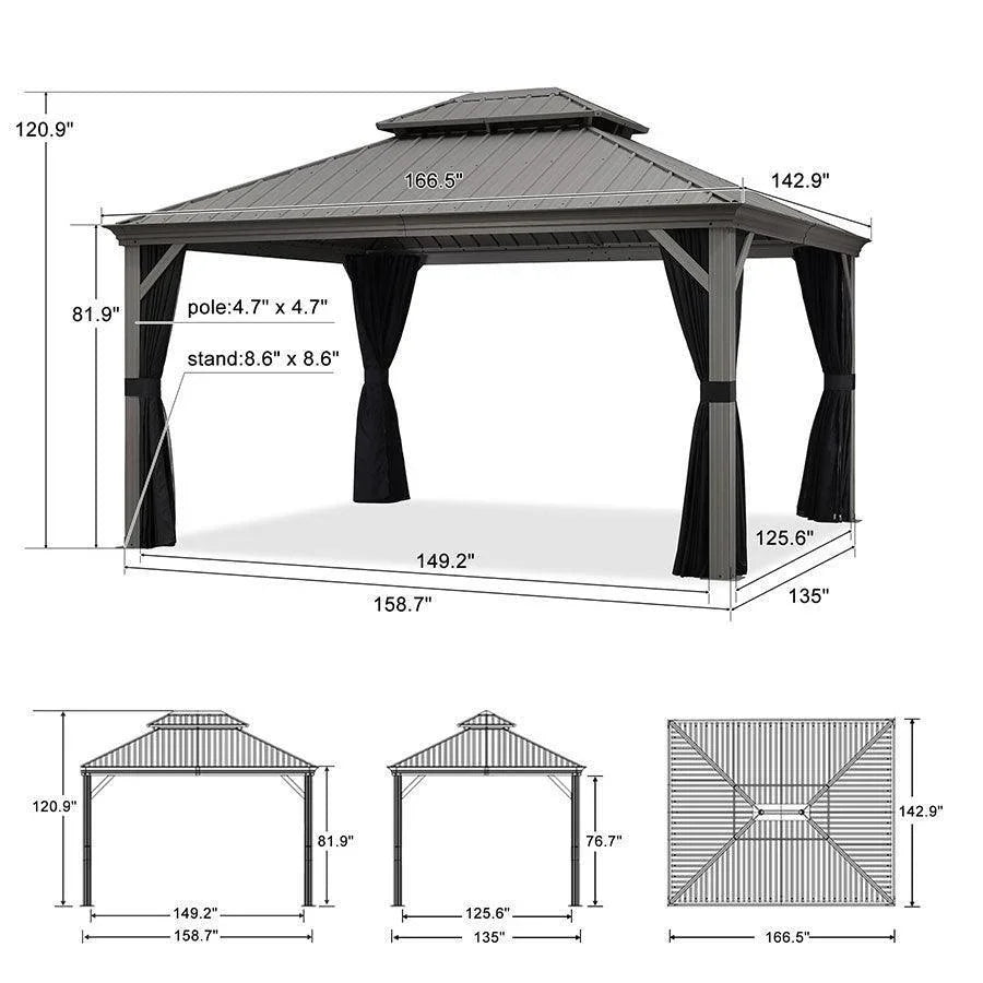PURPLE LEAF – Pavillon de terrasse pour piscine, toit rigide gris clair en acier galvanisé avec rideaux améliorés