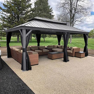 PURPLE LEAF – Pavillon de terrasse pour piscine, toit rigide gris clair en acier galvanisé avec rideaux améliorés