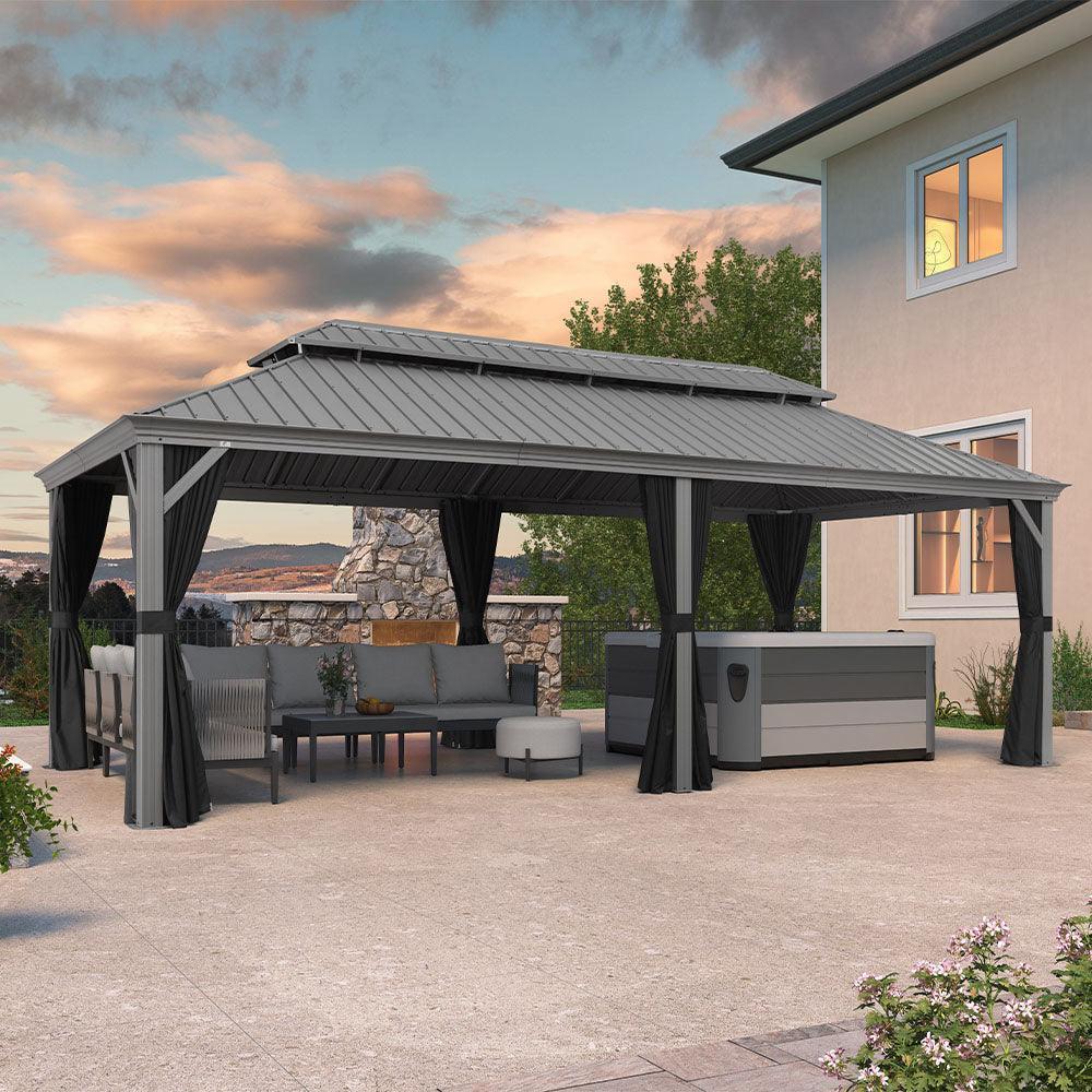 PURPLE LEAF – Pavillon de terrasse pour piscine, toit rigide gris clair en acier galvanisé avec rideaux améliorés