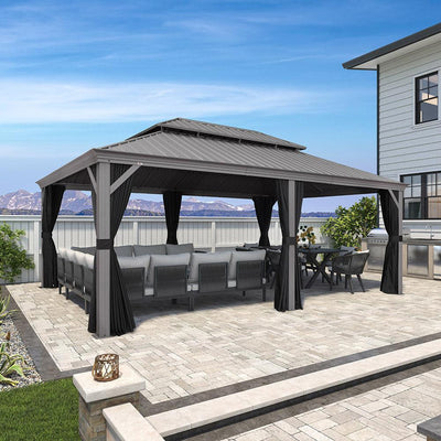 PURPLE LEAF – Pavillon de terrasse pour piscine, toit rigide gris clair en acier galvanisé avec rideaux améliorés