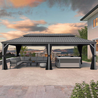 PURPLE LEAF – Pavillon de terrasse pour piscine, toit rigide gris clair en acier galvanisé avec rideaux améliorés