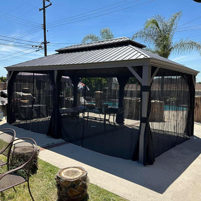 PURPLE LEAF – Pavillon de terrasse pour piscine, toit rigide gris clair en acier galvanisé avec rideaux améliorés