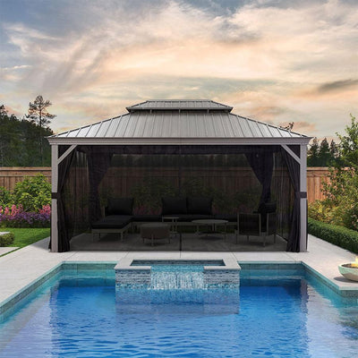 PURPLE LEAF – Pavillon de terrasse pour piscine, toit rigide gris clair en acier galvanisé avec rideaux améliorés