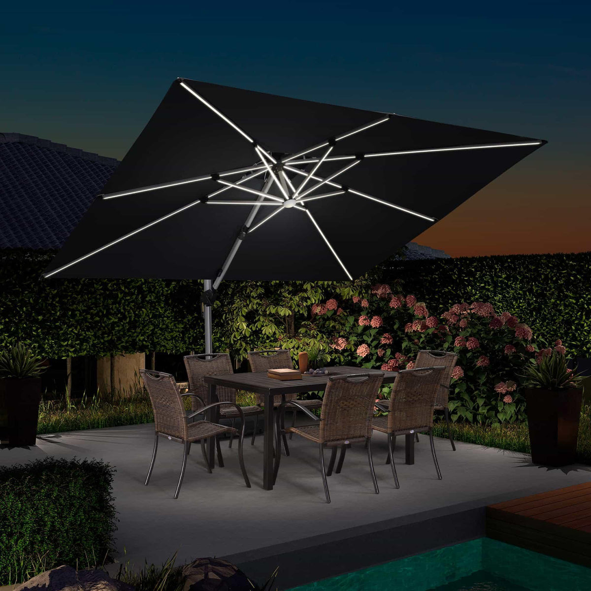 PURPLE LEAF – Parasol de terrasse rectangulaire à LED alimenté à l’énergie solaire avec éclairage