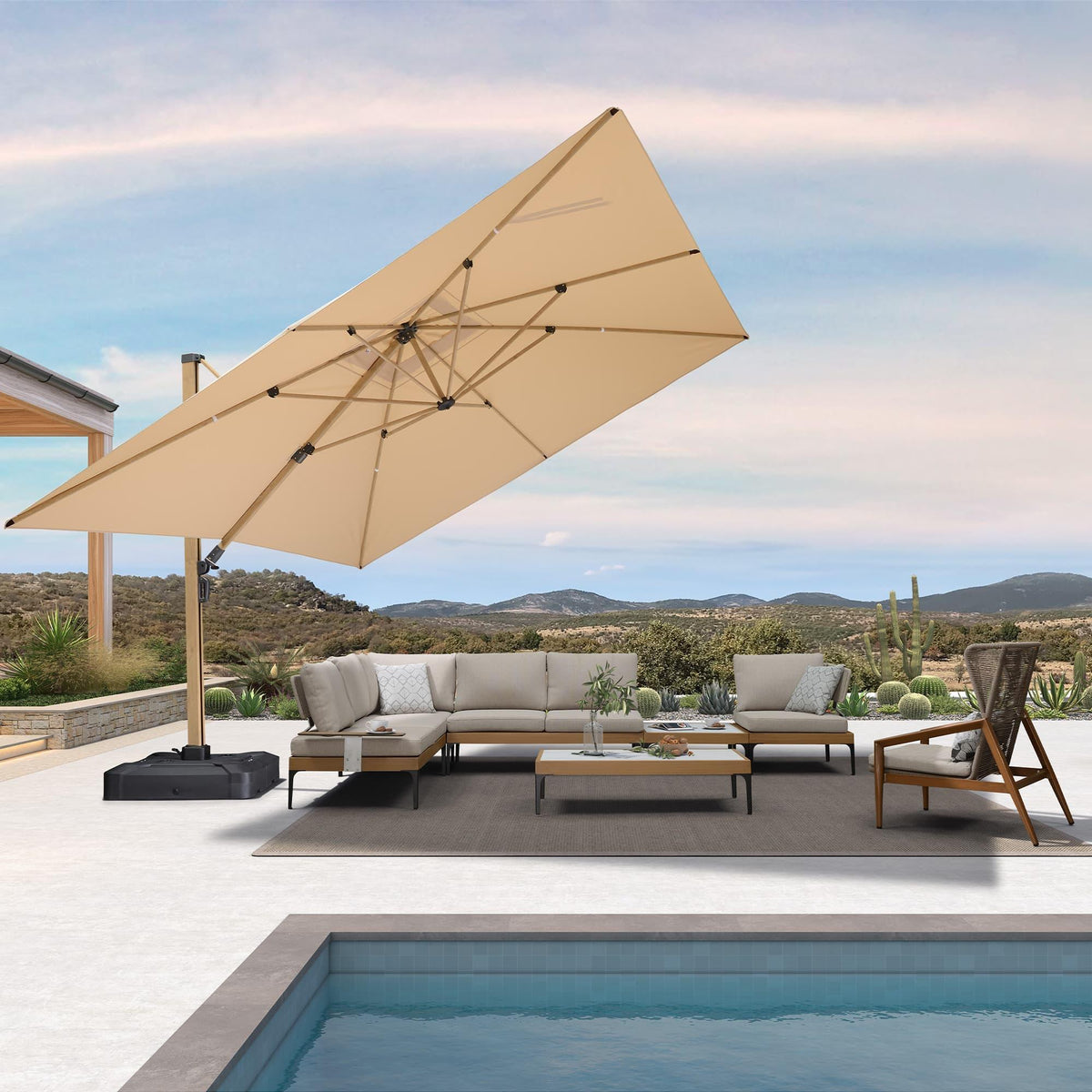 PURPLE LEAF – Parasol de terrasse déporté en aluminium finition bois