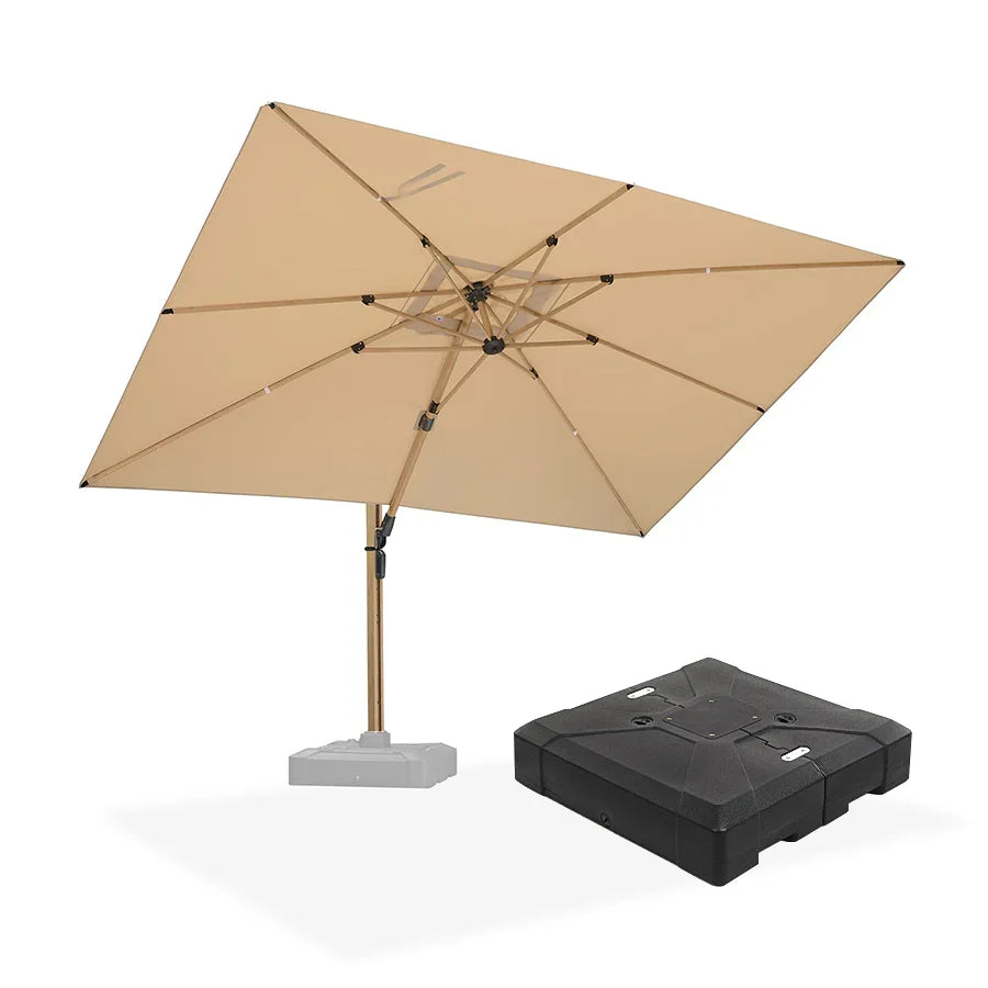 PURPLE LEAF – Grand parasol de terrasse déporté finition bois avec base pour jardin
