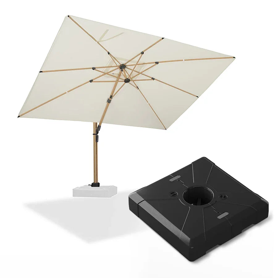 PURPLE LEAF – Grand parasol de terrasse déporté finition bois avec base pour jardin