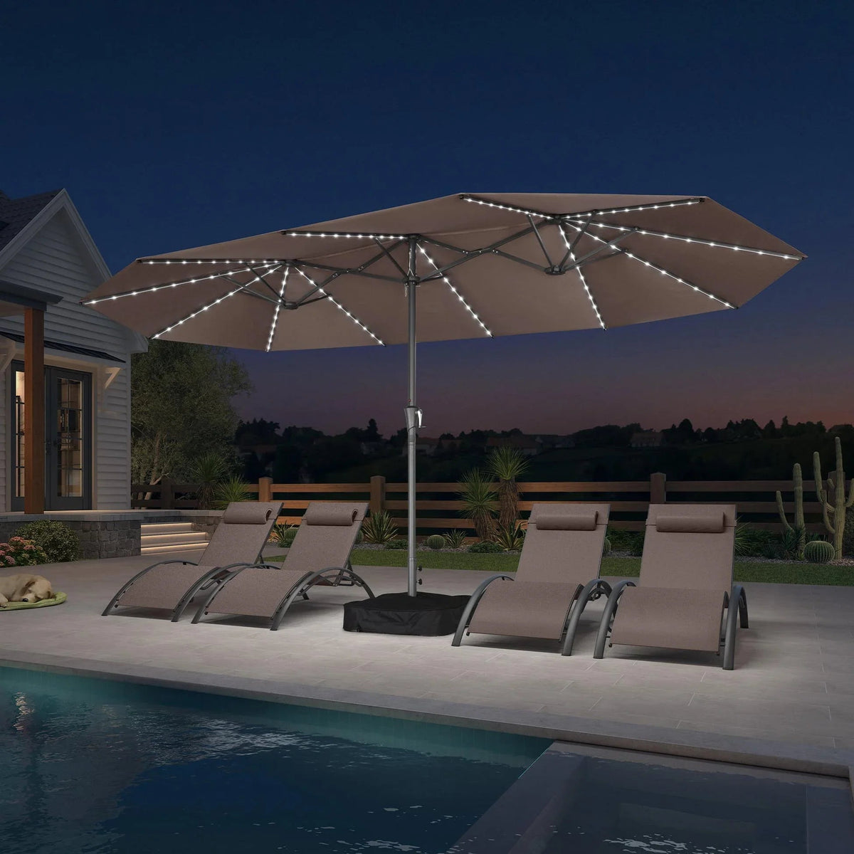 PURPLE LEAF – Grand parasol de marché double face pour terrasse avec éclairage et base