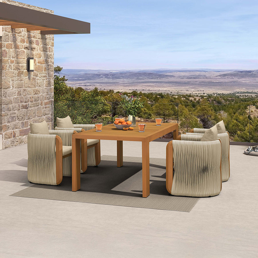 PURPLE LEAF Byron – Ensemble repas extérieur haut de gamme en aluminium et résine tressée toutes saisons avec coussins en oléfine mélangée, Teak
