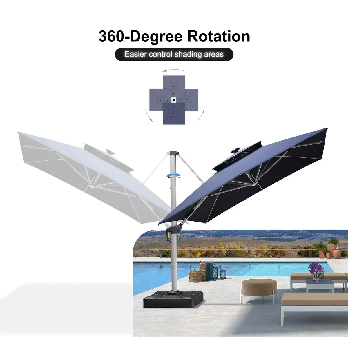 PURPLE LEAF – Parasol de terrasse rectangulaire à LED alimenté à l’énergie solaire avec éclairage