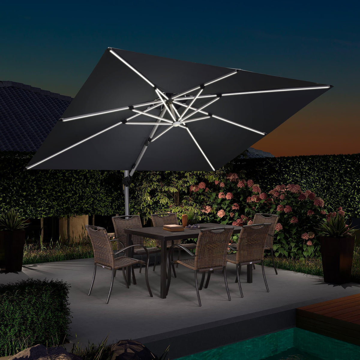 PURPLE LEAF – Parasol de terrasse rectangulaire à LED alimenté à l’énergie solaire avec éclairage