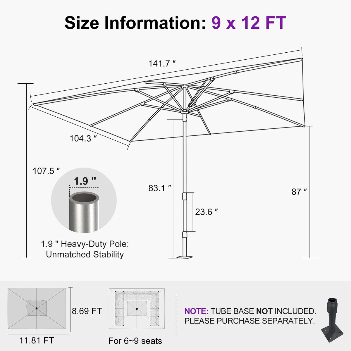 PURPLE LEAF – Parasol de terrasse semi-automatique extra-large Premium, modèle commercial pour jardin, café et hôtel