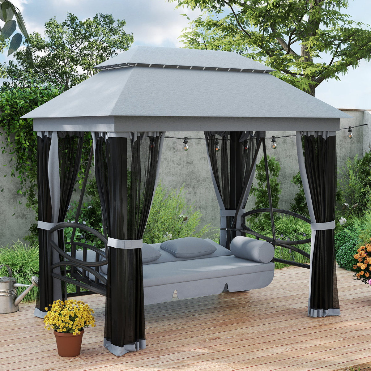 Balancelle de terrasse 3 places avec parois latérales en maille, grise