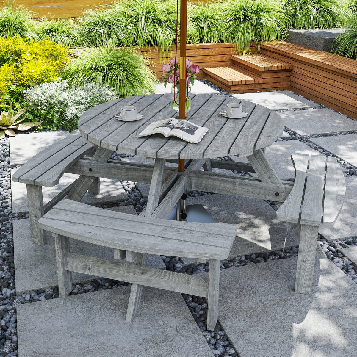 Ensemble repas de terrasse en bois pour 8 avec table ronde et 4 bancs, gris