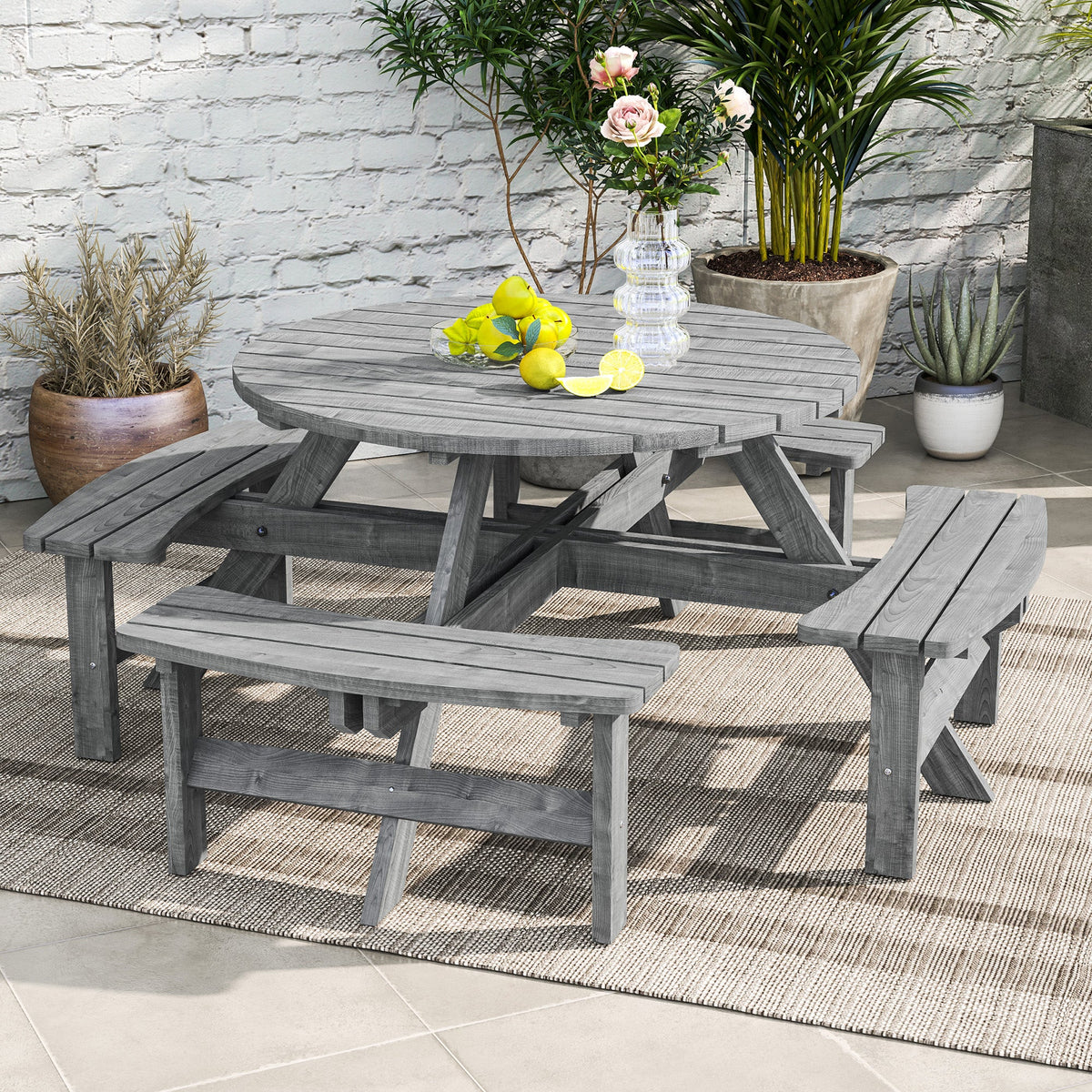 Ensemble repas de terrasse en bois pour 8 avec table ronde et 4 bancs, gris
