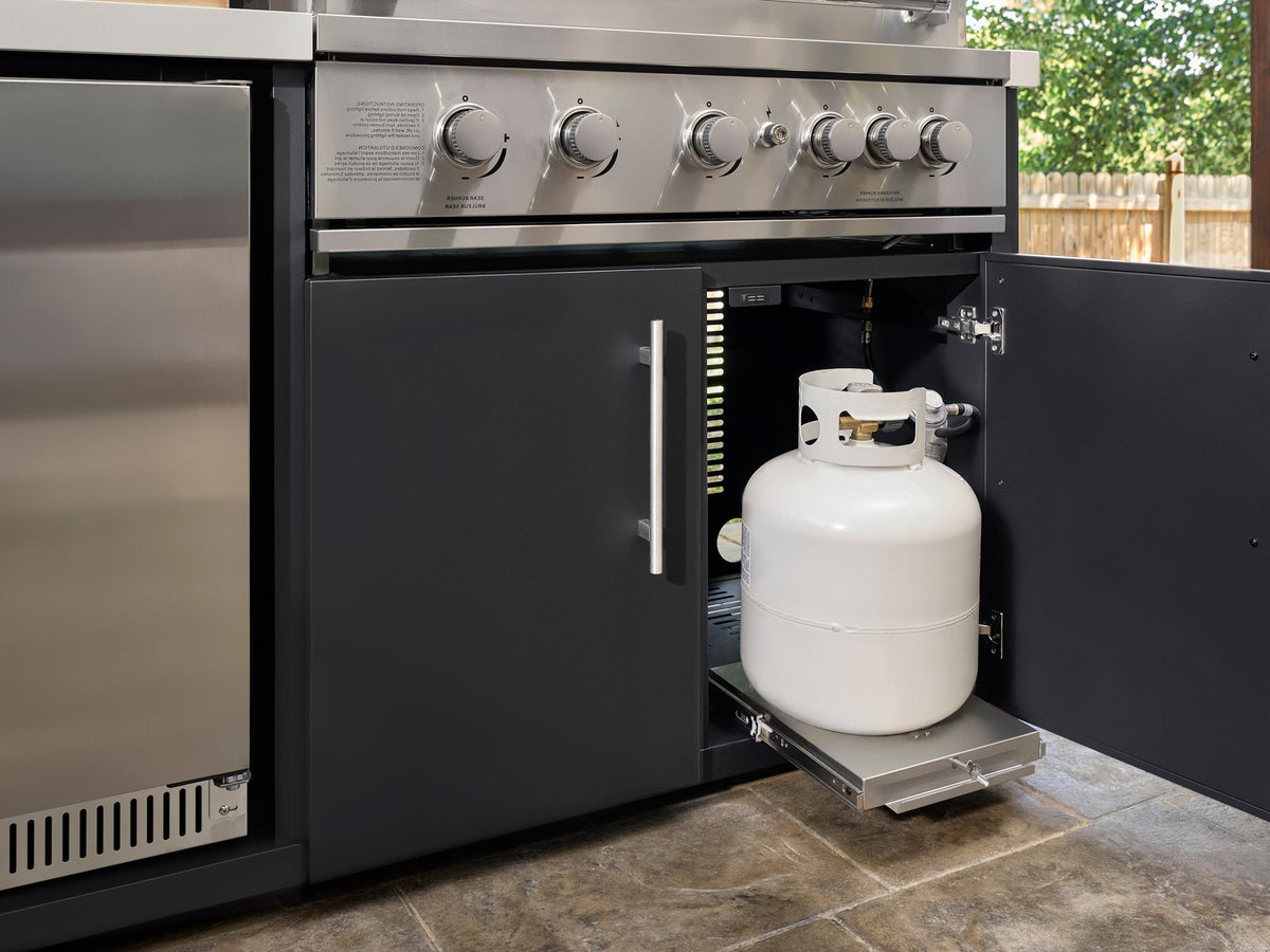 Emory | Îlot de cuisine extérieure d’angle avec barbecue encastrable et four à pizza