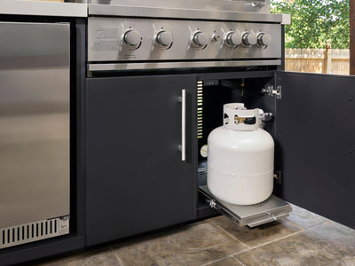 Emory | Îlot de cuisine extérieure d’angle avec barbecue encastrable et four à pizza