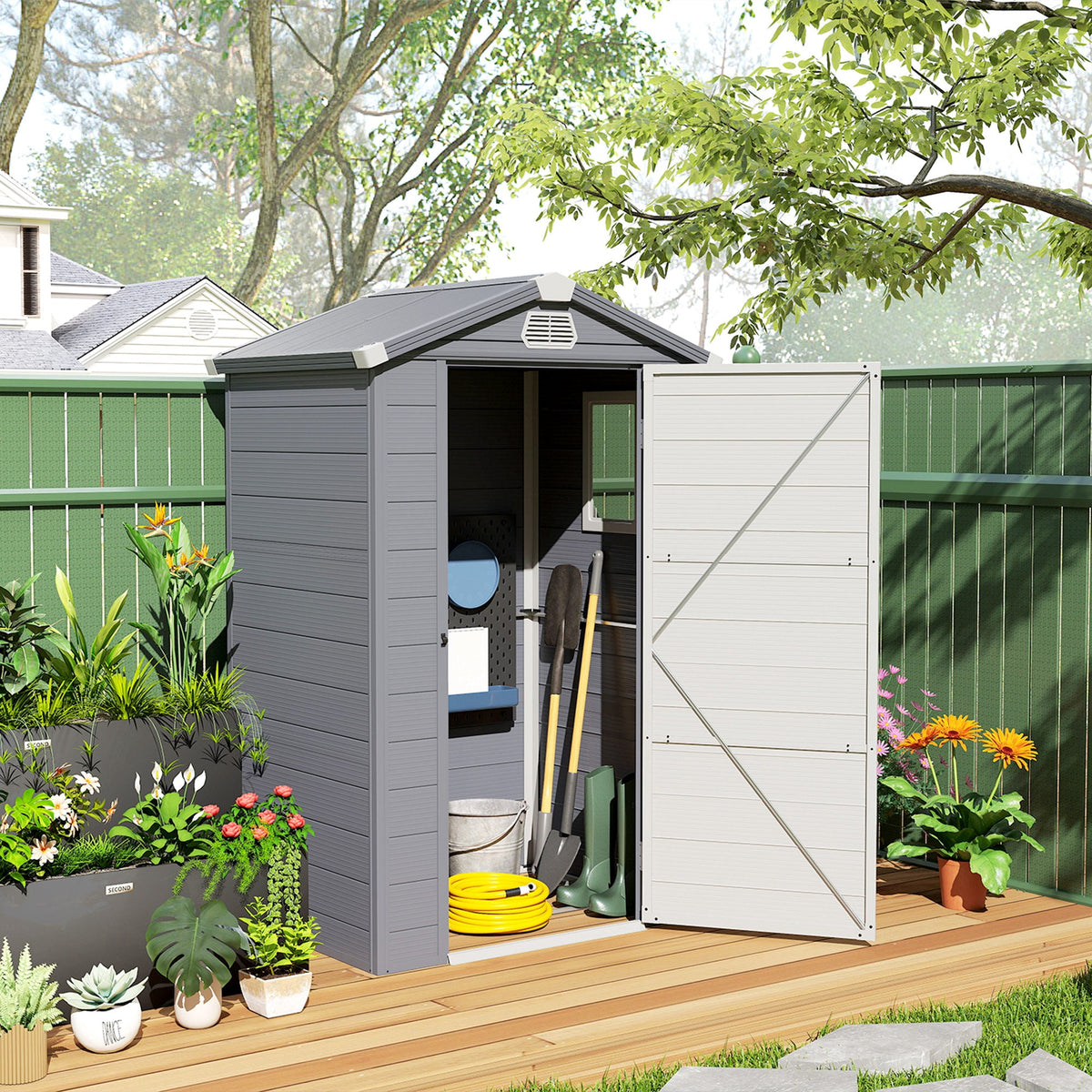 Abri de rangement de jardin 4.4' x 3.3' avec structure en aluminium, porte à loquet et aérations, gris