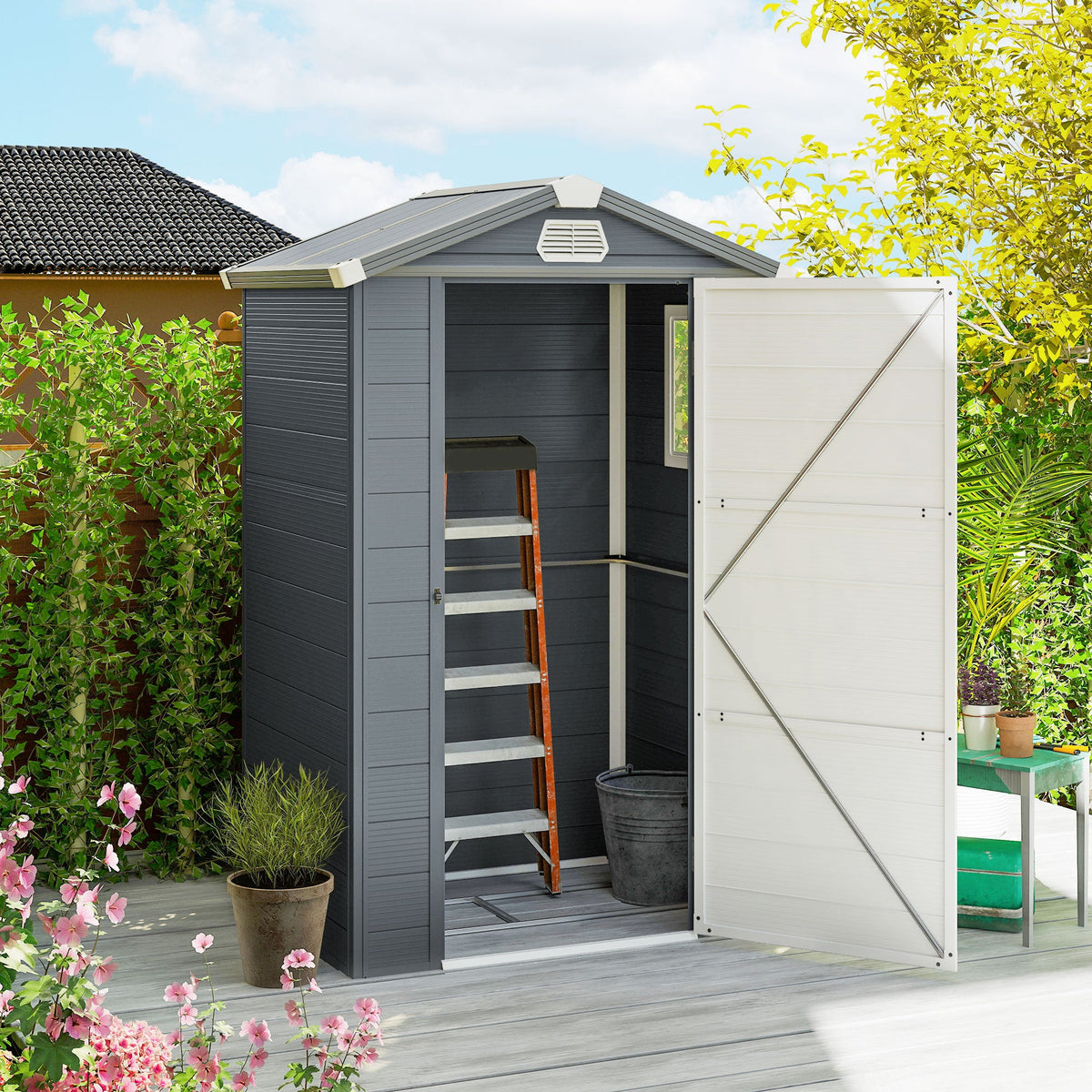 Abri de rangement de jardin 4.4' x 3.3' avec structure en aluminium, porte à loquet et aérations, gris