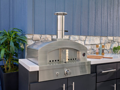 Emory | Îlot de cuisine extérieure d’angle avec barbecue encastrable et four à pizza