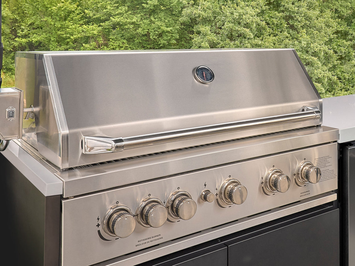 Emory | Îlot de cuisine extérieure d’angle avec places de bar et barbecue encastrable – gauche
