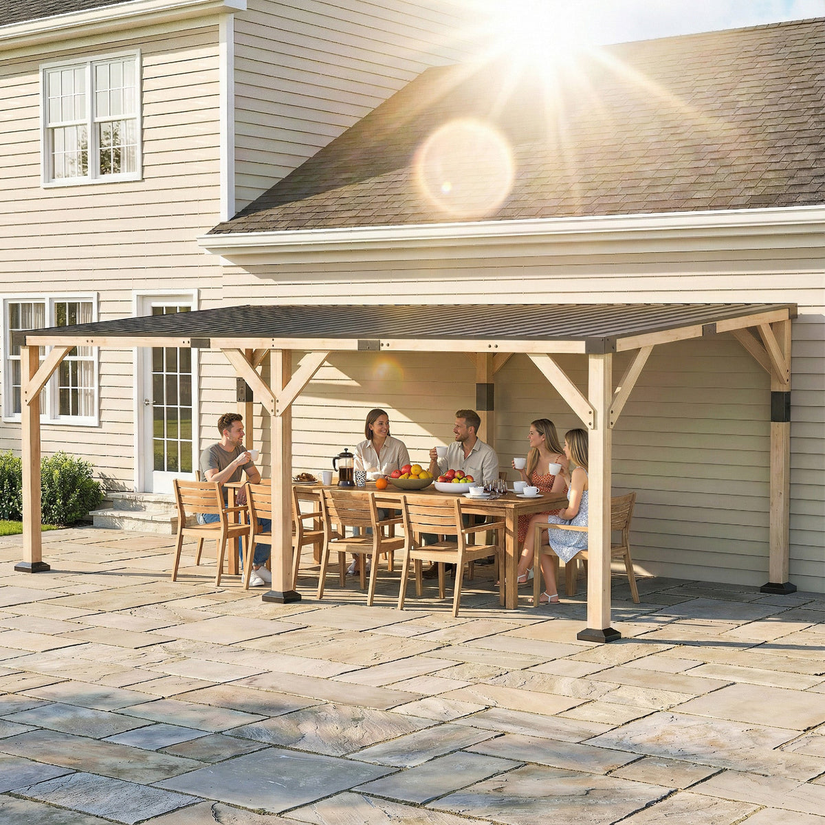 PerArbor 10' x 20' – Pavillon adossé en bois avec toit incliné en acier galvanisé, Light Walnut