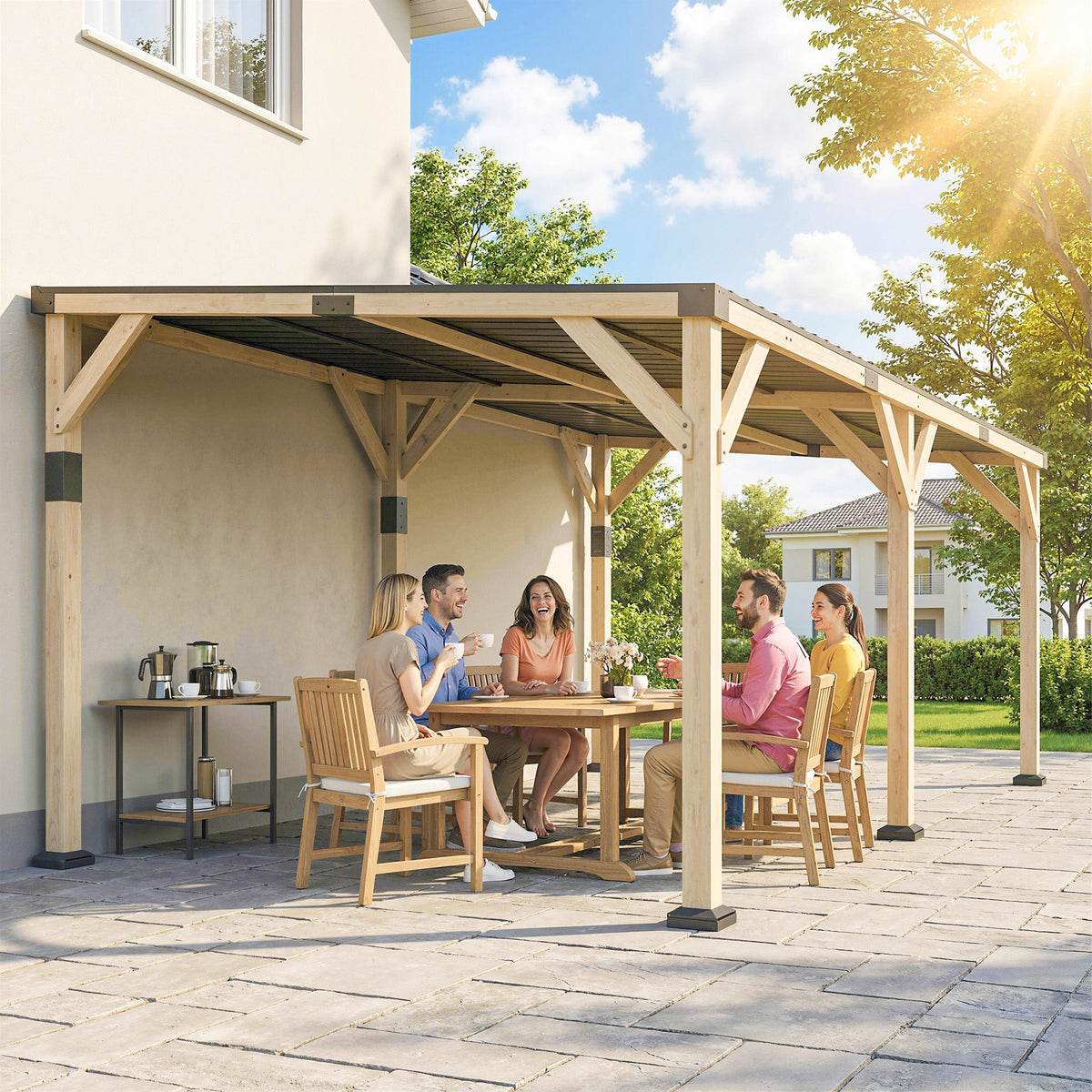 PerArbor 10' x 20' – Pavillon adossé en bois avec toit incliné en acier galvanisé, Light Walnut