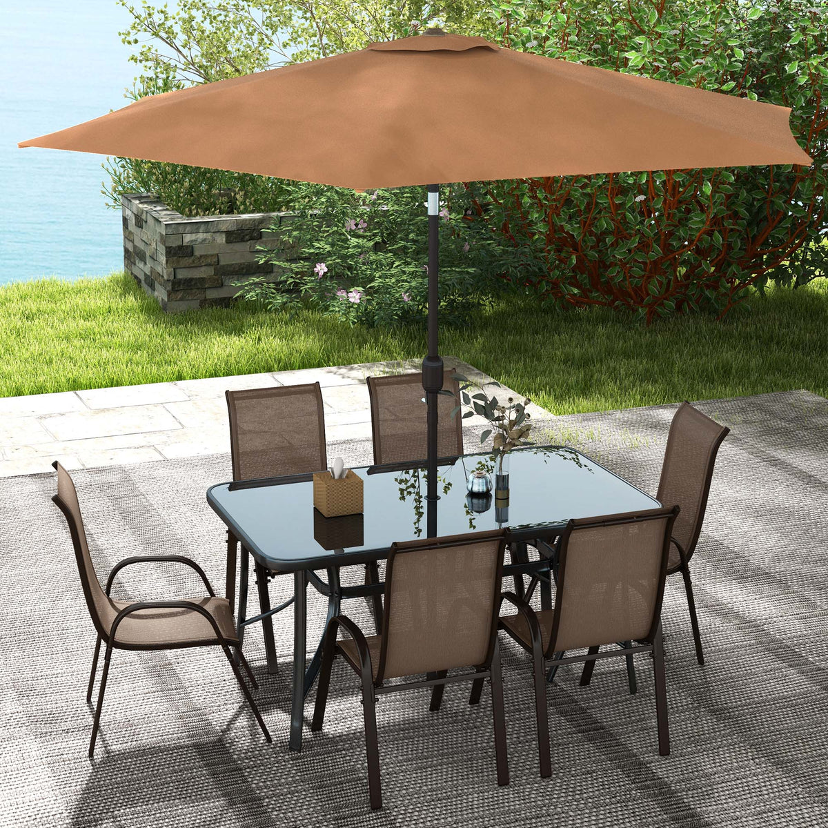 Ensemble repas de terrasse 8 pièces avec parasol de table 9 Ft, Mixed Brown