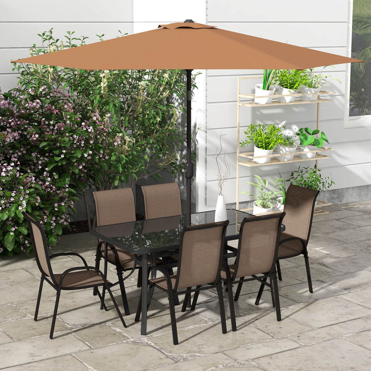 Ensemble repas de terrasse 8 pièces avec parasol de table 9 Ft, Mixed Brown