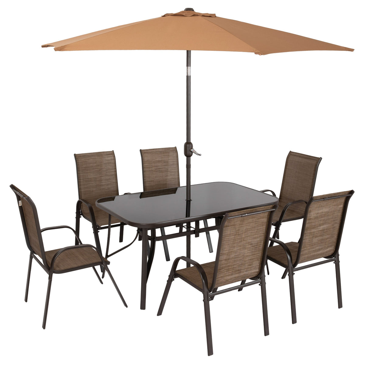 Ensemble repas de terrasse 8 pièces avec parasol de table 9 Ft, Mixed Brown