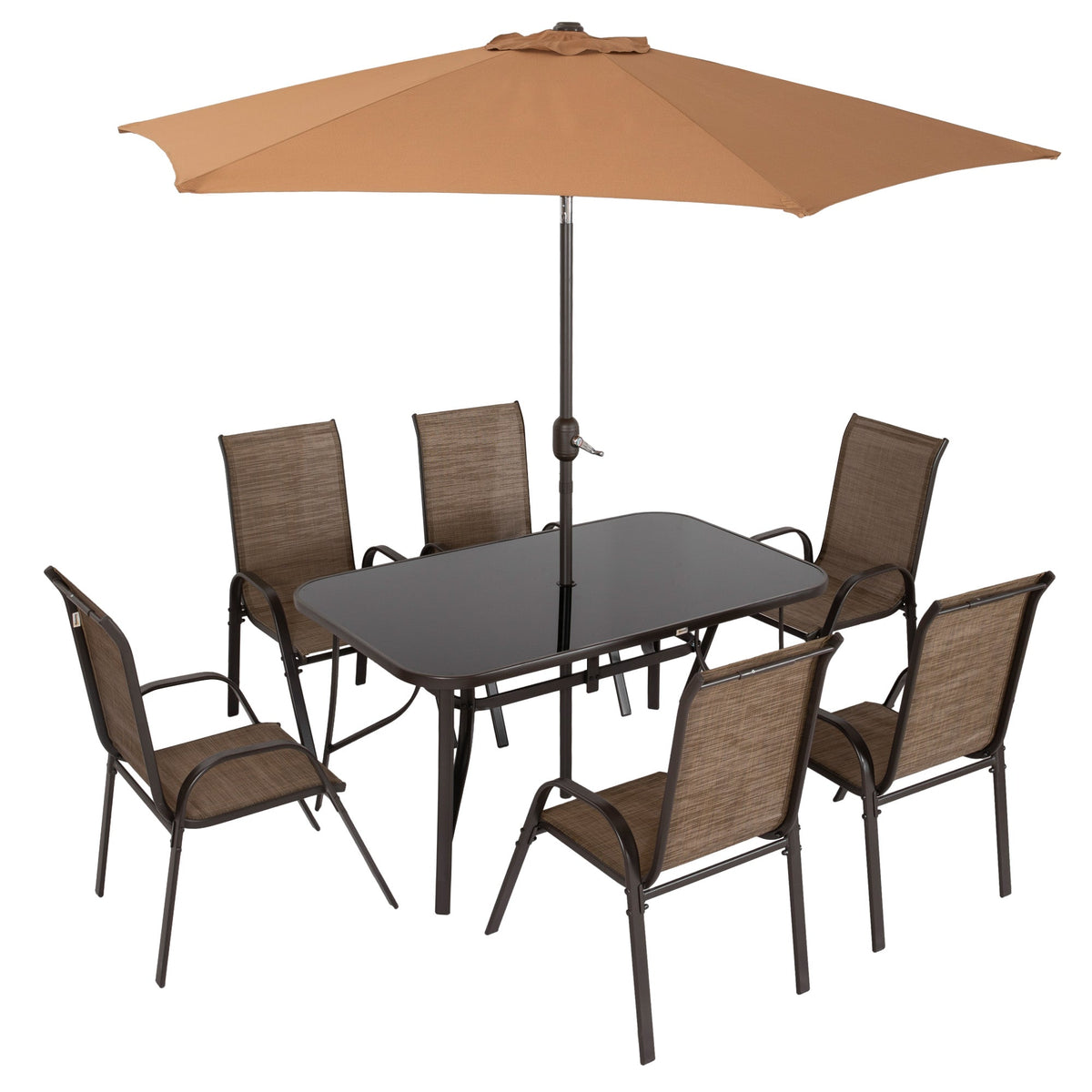 Ensemble repas de terrasse 8 pièces avec parasol de table 9 Ft, Mixed Brown