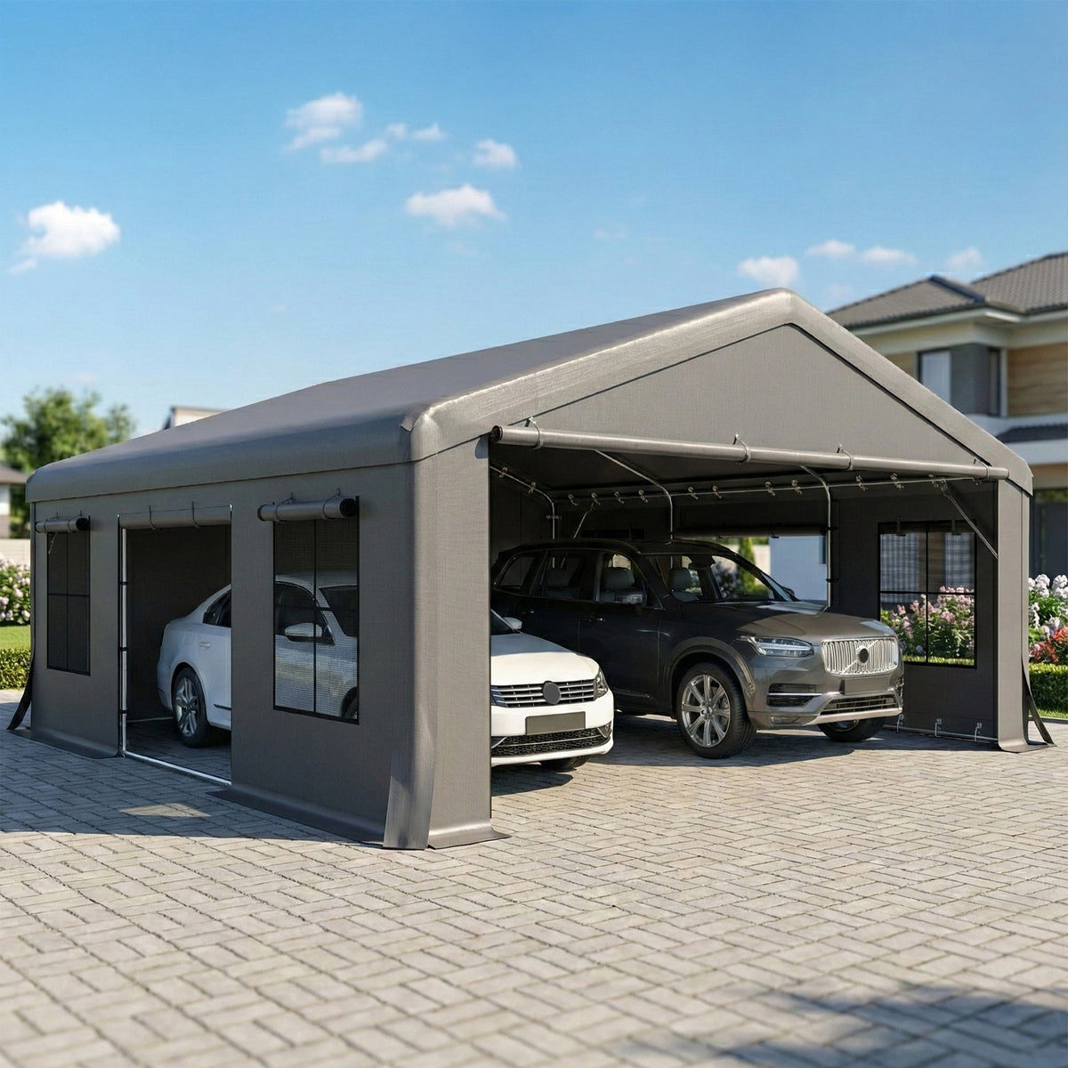 Abri voiture renforcé 20' x 20' avec 3 portes enroulables, gris foncé