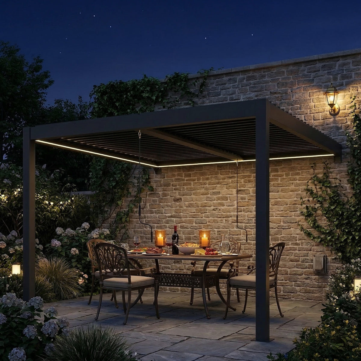 Pergola à lames orientables 3 x 3 m gris foncé avec toit métallique réglable et éclairage LED