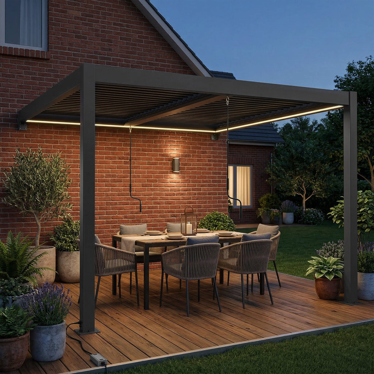 Pergola à lames orientables 3 x 3 m gris foncé avec toit métallique réglable et éclairage LED