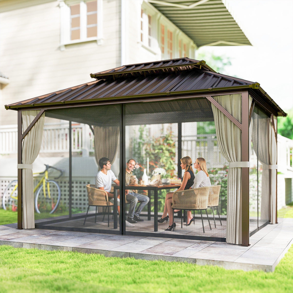 Pavillon à toit rigide 10' x 14' avec rideaux et moustiquaires, marron