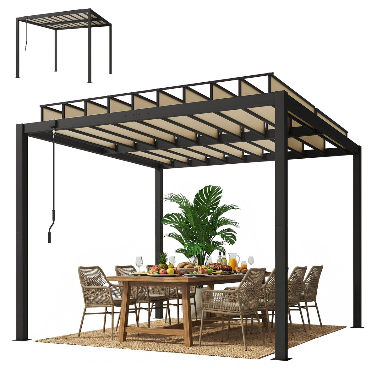 Pergola à lames orientables 3 x 3 m avec toit réglable et gouttières, Coffee