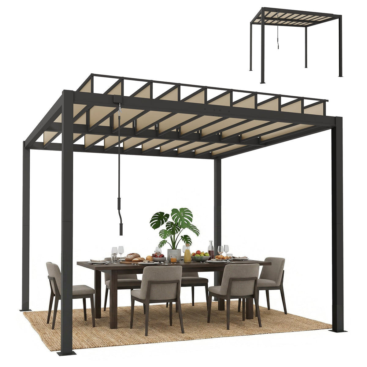 Pergola à lames orientables 3 x 3 m avec toit réglable et gouttières, Coffee