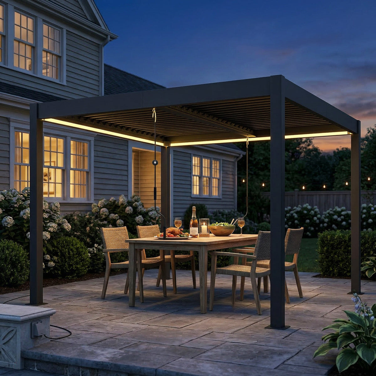 Pergola à lames orientables 3 x 3 m gris foncé avec toit réglable, éclairage LED et télécommande