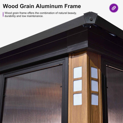 PURPLE LEAF – Pavillon-solarium à toit rigide avec colonnes effet bois, structure noire, double toit en acier galvanisé et guirlande lumineuse