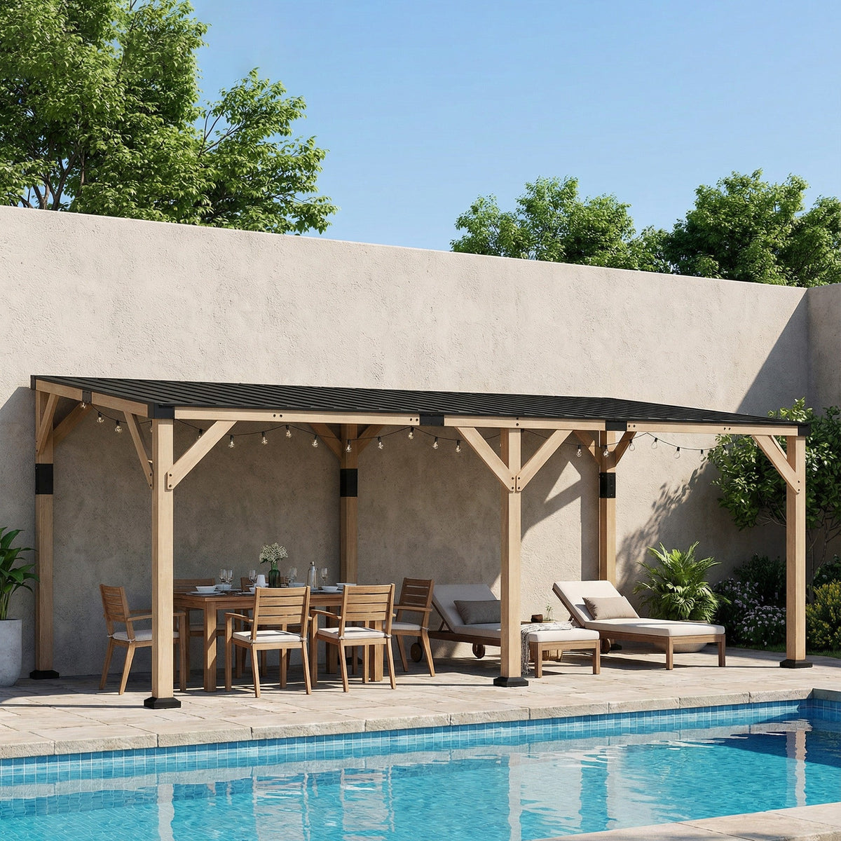 PerArbor 10' x 20' – Pavillon adossé en bois avec toit incliné en acier galvanisé, Light Walnut