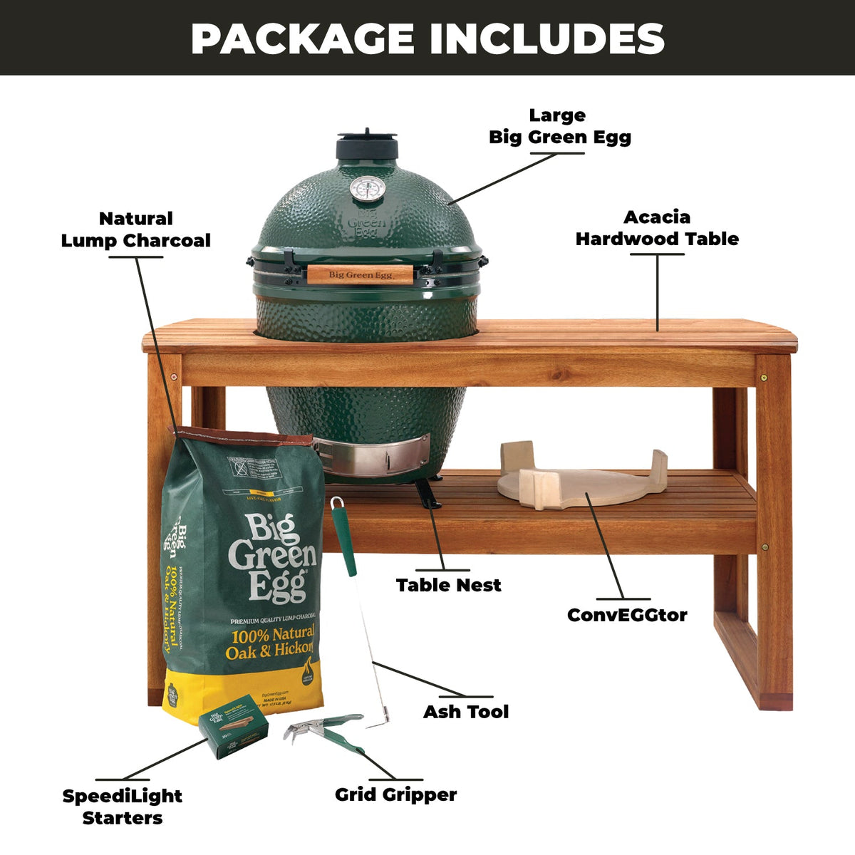 Large Big Green Egg + ensemble table en acacia