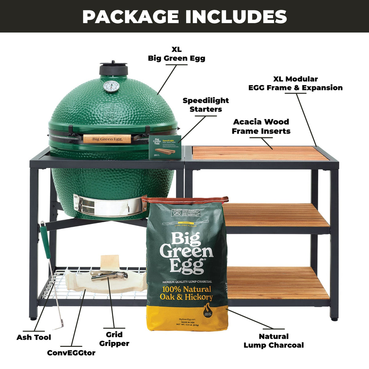 XL Big Green Egg + ensemble Modular Nest + extension – (3) inserts Acacia