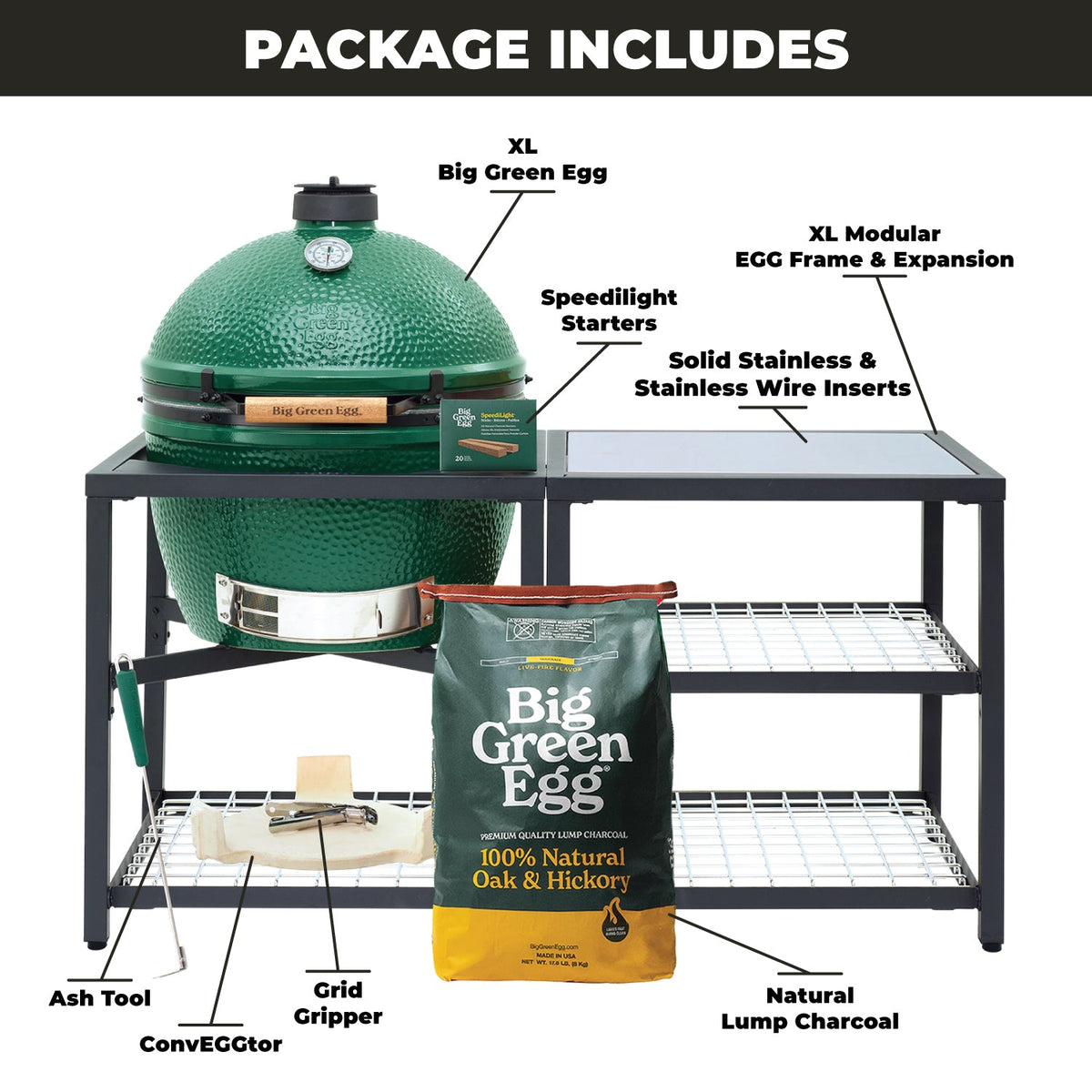 XL Big Green Egg + ensemble Modular Nest + extension – (1) Solid Stainless (2) Stainless Grid