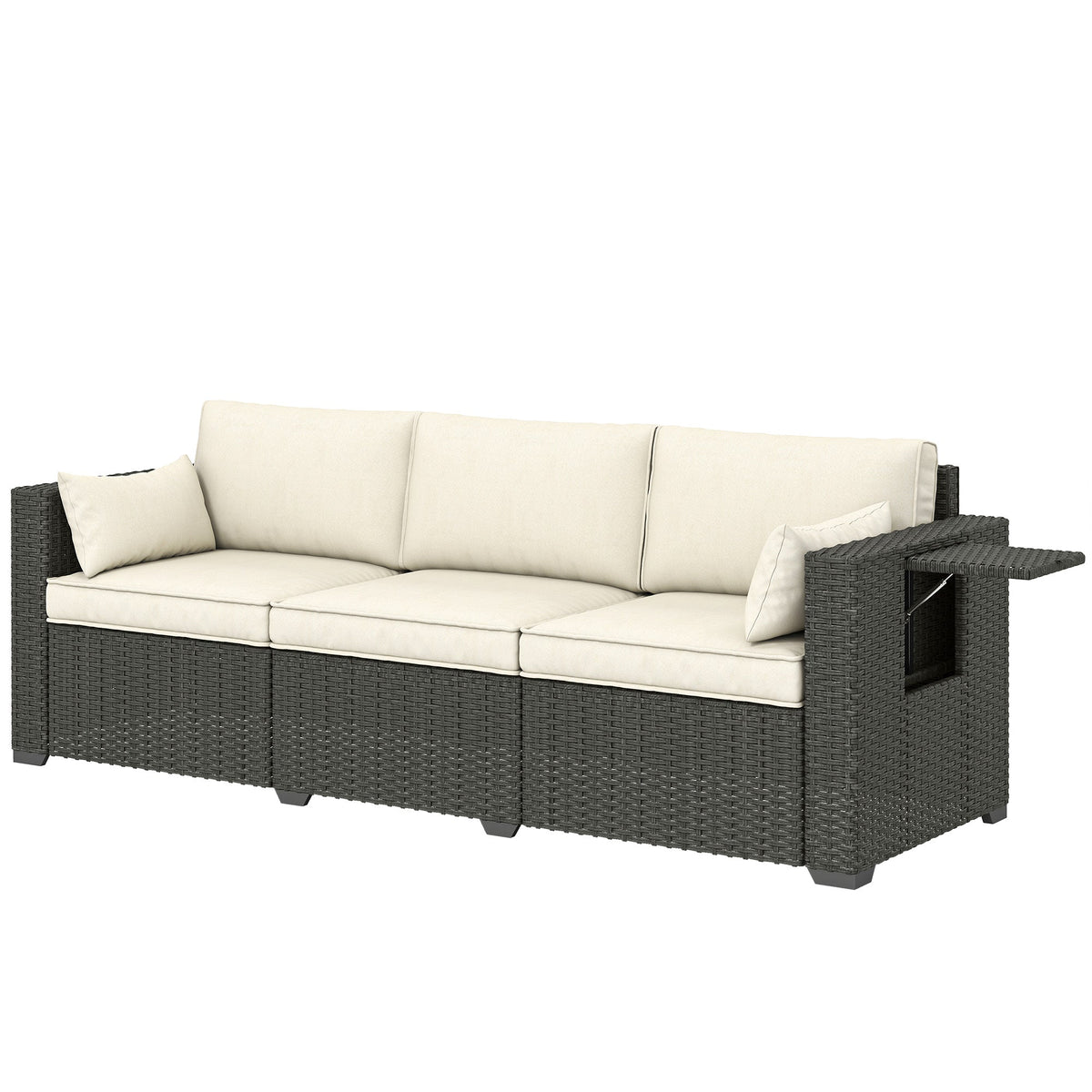 Canapé extérieur 3 places en résine tressée avec tablettes latérales et coussins épais, Cream White
